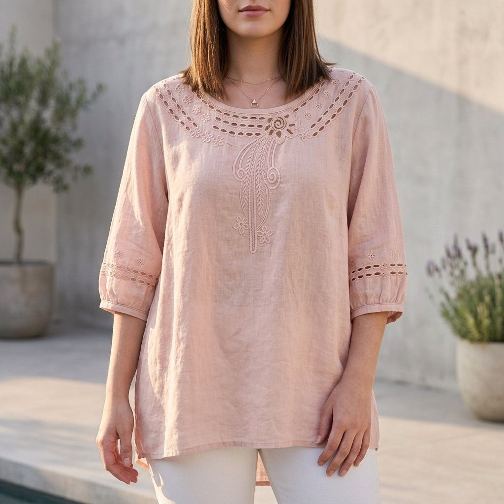 Bohemian-Inspired Relaxed Blouse with Eyelet Embroidery and 3/4 Sleeves