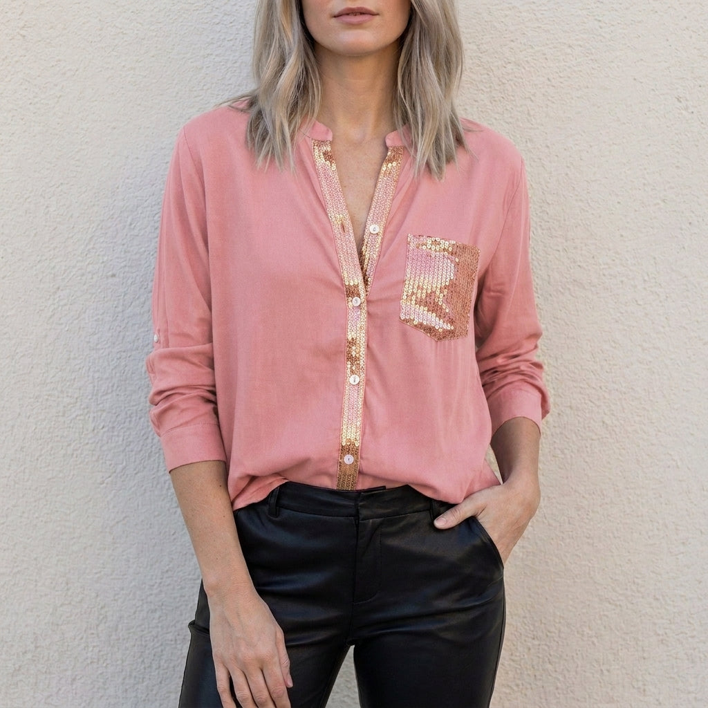 Relaxed Button-Front Statement Pocket Blouse