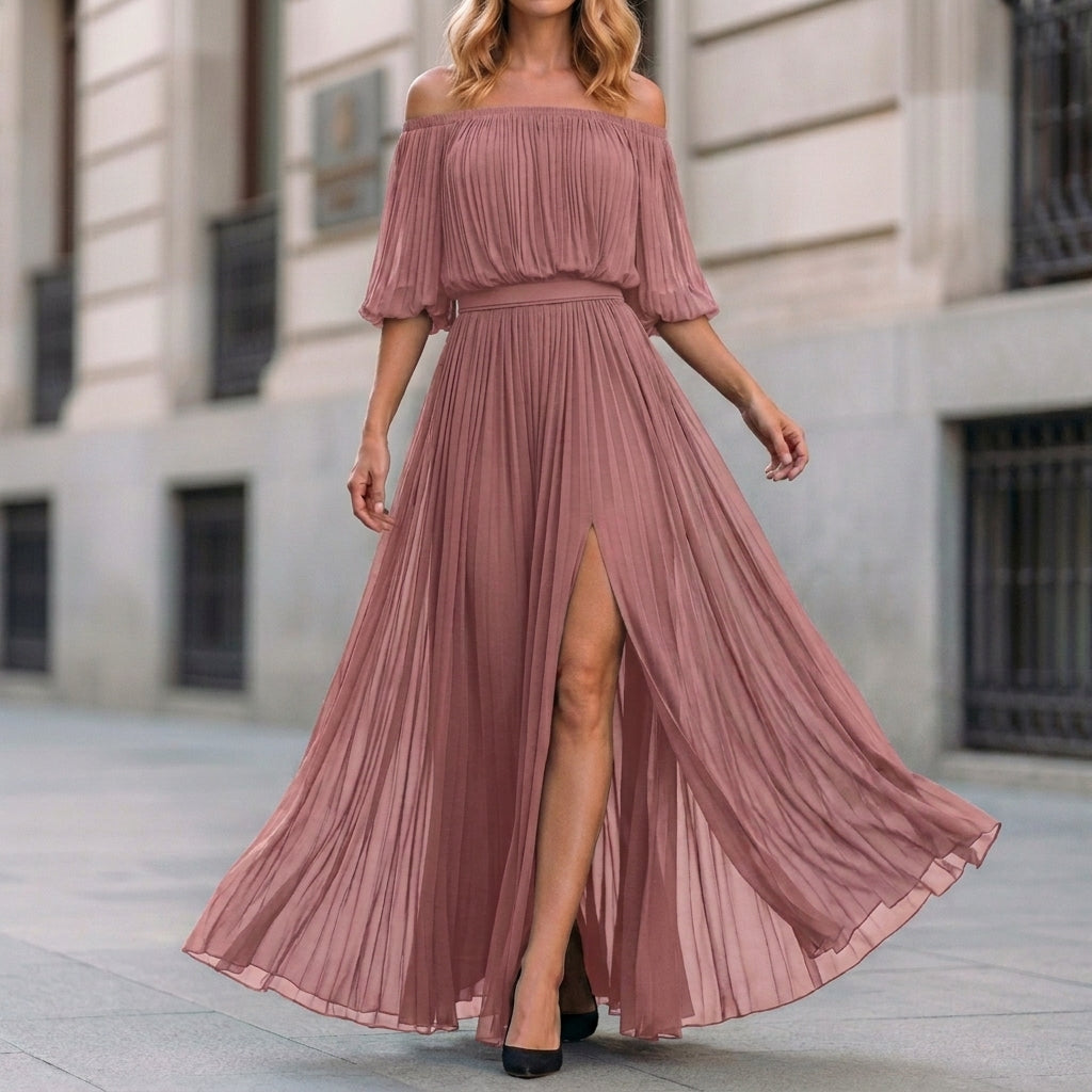 Ethereal Off-Shoulder Pleated Maxi Dress