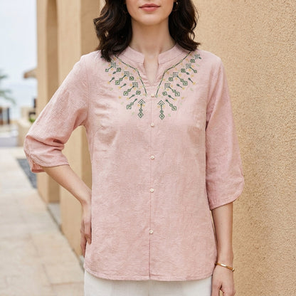 Embroidered Notch Neck Relaxed Everyday Blouse