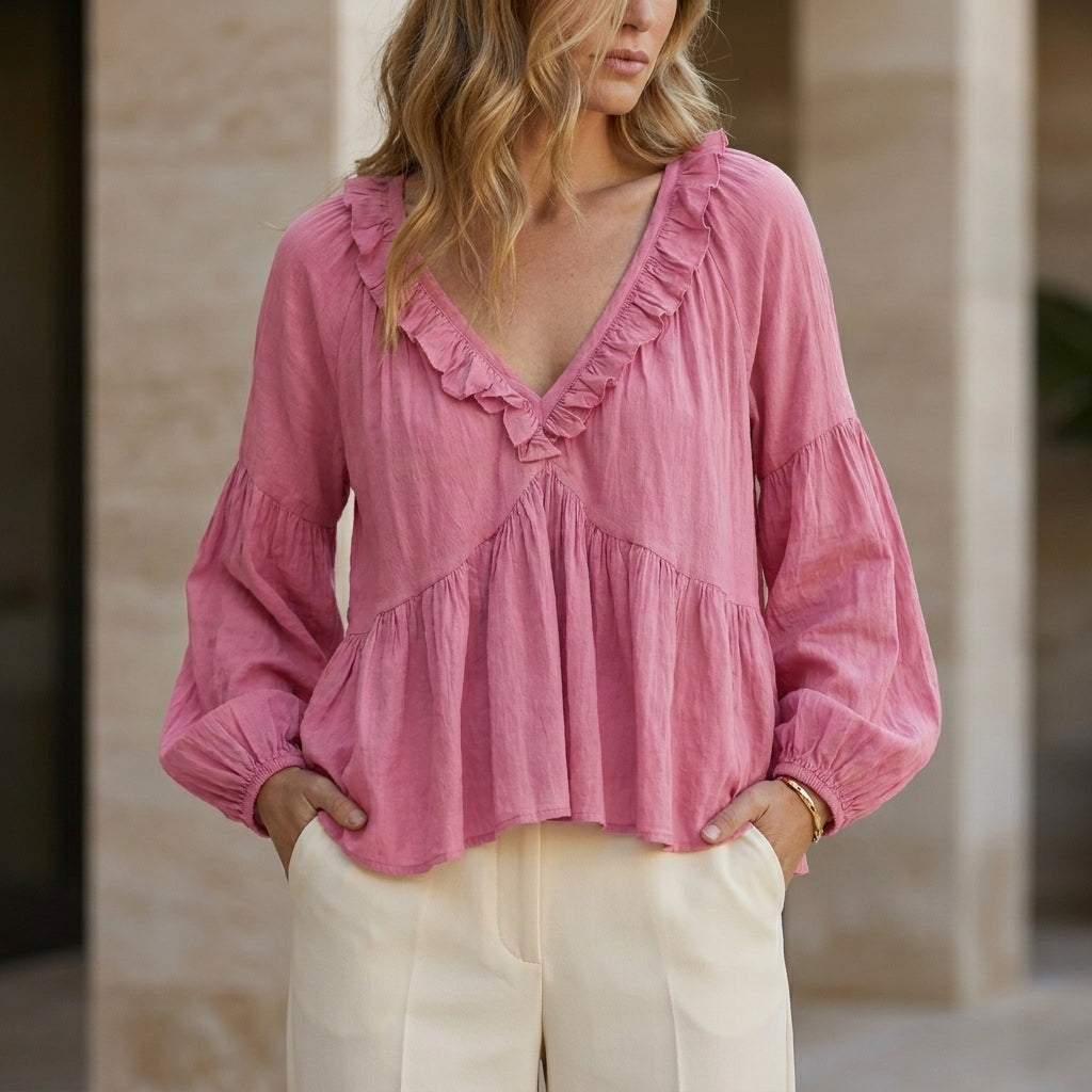 Ruffle Trim V-Neck Peplum Blouse