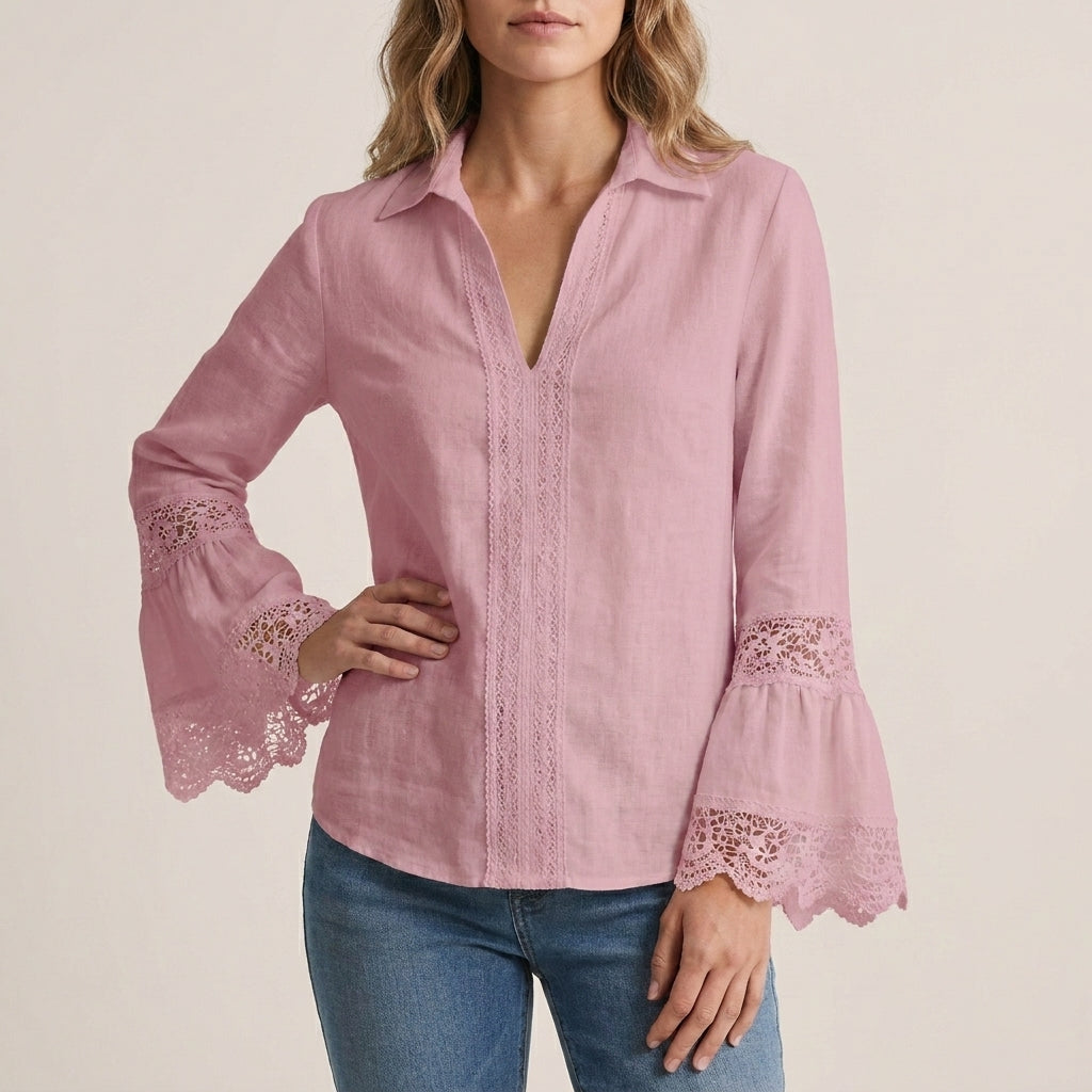 Relaxed Fit Lace-Trim Pullover Shirt with Bell Sleeves and V-Neck