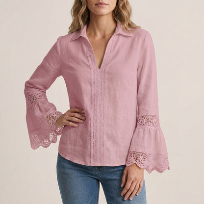 Relaxed Fit Lace-Trim Pullover Shirt with Bell Sleeves and V-Neck