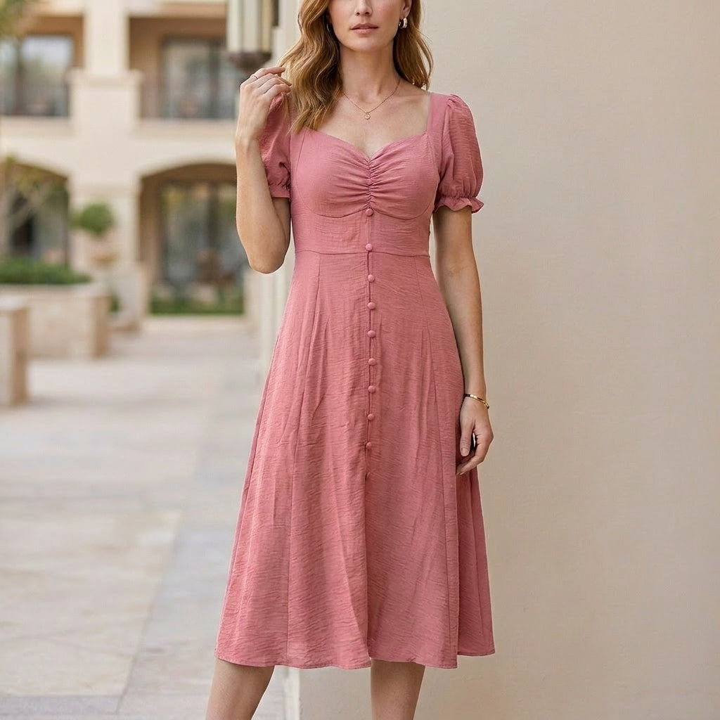 Sunset Muse Puff Sleeve Sweetheart Midi Dress