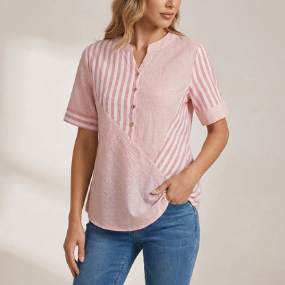 Relaxed Fit Blouse with Asymmetrical Seam and Stand Collar