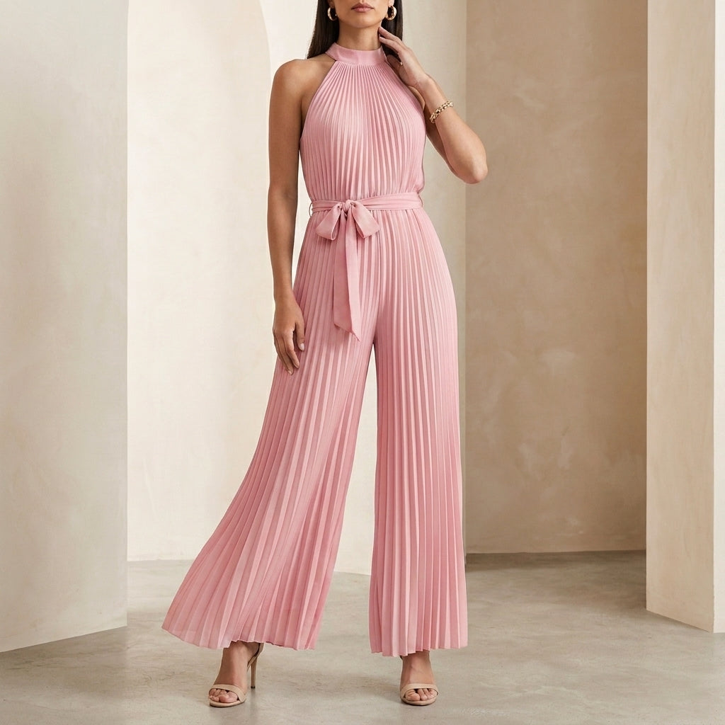 Elegant Pleated Halter Neck Jumpsuit with Flowing Wide Legs