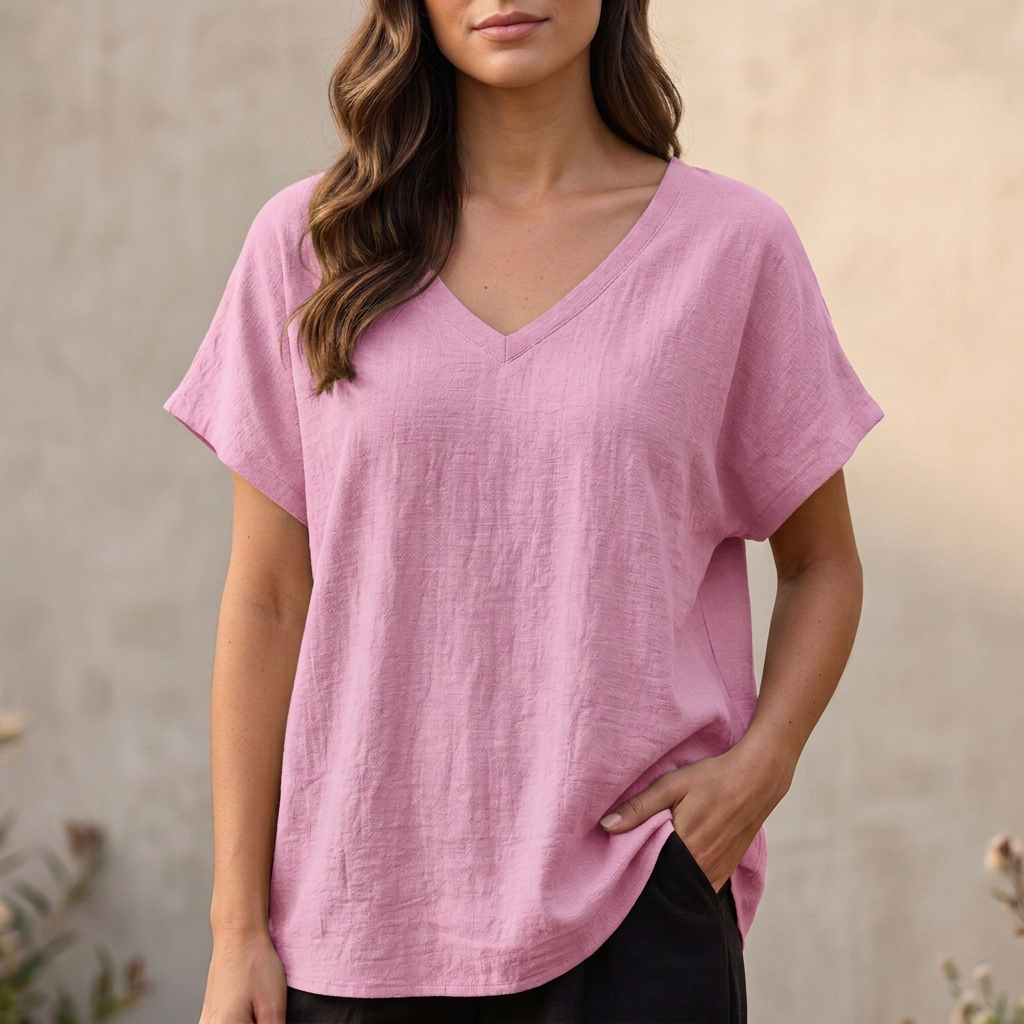 V-Neck T-Shirt with Asymmetrical Hem and Relaxed Fit