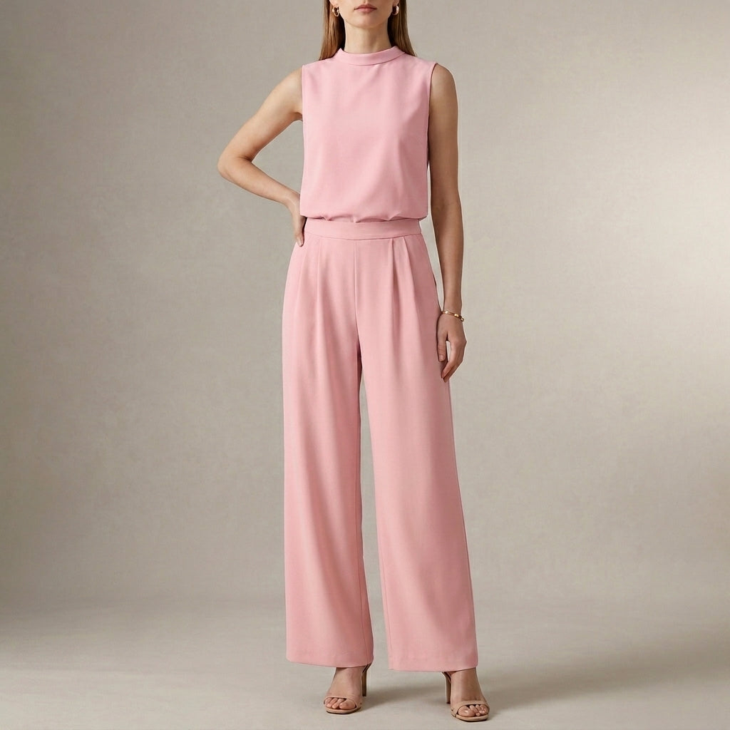 Tailored Sleeveless Mock-Neck Top with High-Waisted Wide-Leg Trousers Set
