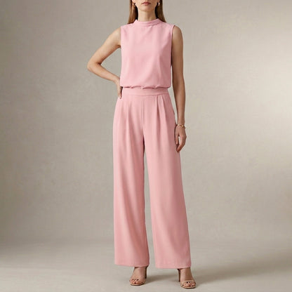 Tailored Sleeveless Mock-Neck Top with High-Waisted Wide-Leg Trousers Set