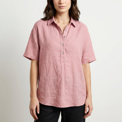 Relaxed Button Front Collared Short Sleeve Blouse