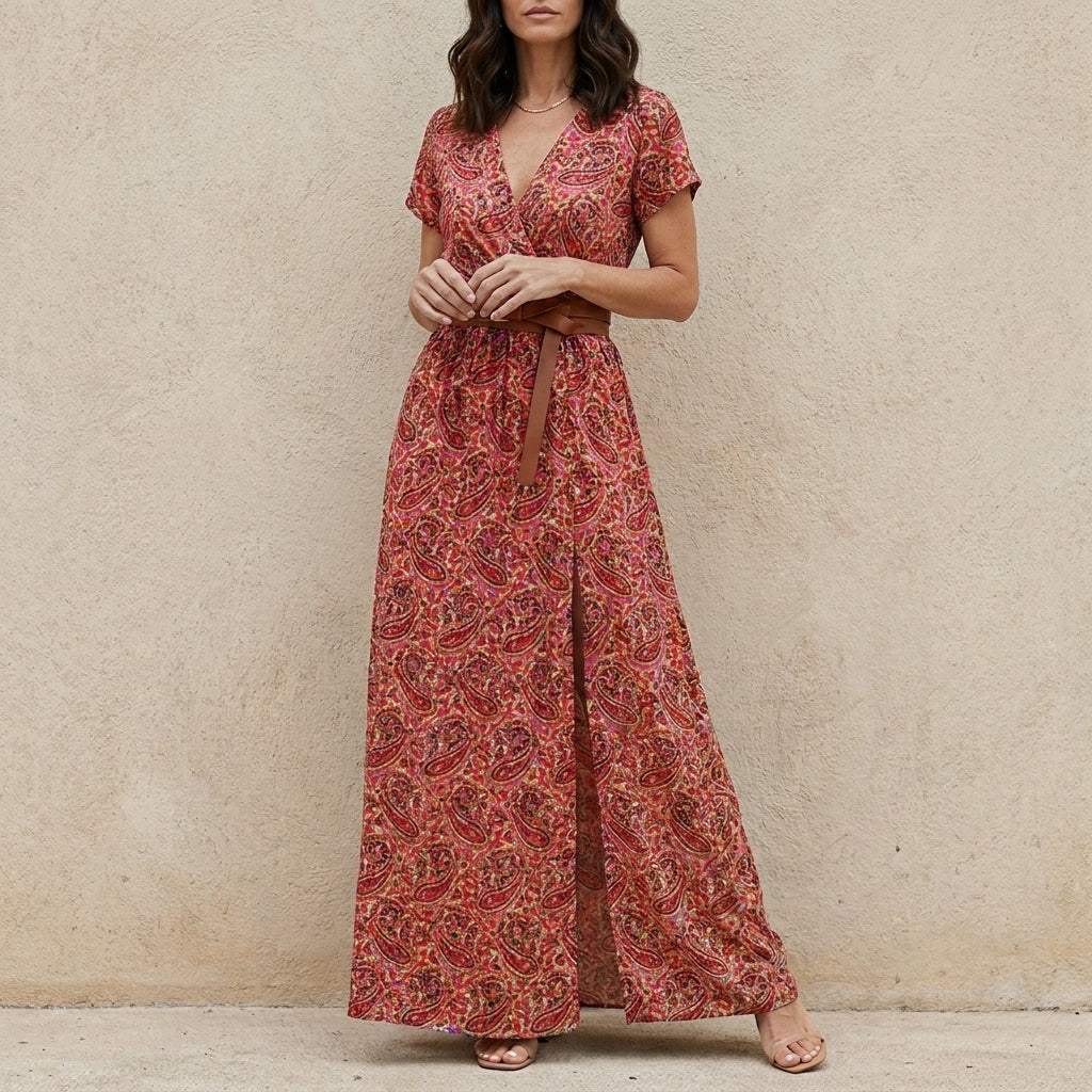 Bohemian Printed Maxi Dress with Belted Waist Detail