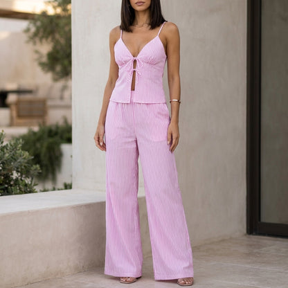 Two-Piece Striped Woven Lounge Set with Spaghetti-Strap Tie Top and Wide-Leg Trousers