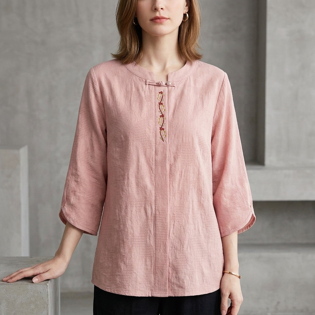 Bohemian Embroidered Blouse with Relaxed Fit and Tassel Tie Detail