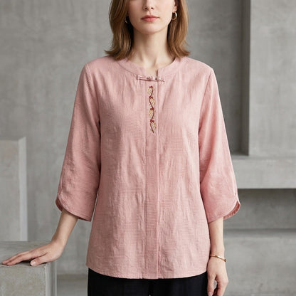 Bohemian Embroidered Blouse with Relaxed Fit and Tassel Tie Detail