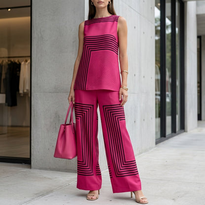 Loose Sleeveless Top with Asymmetrical Hem and Wide-Leg Pants Set