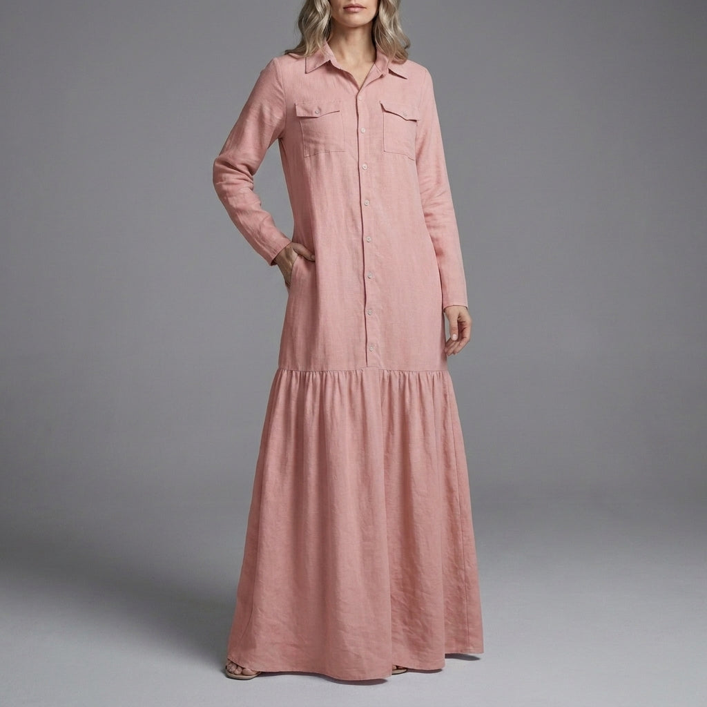 Coastal Breeze Button-Front Flowing Maxi Shirt Dress