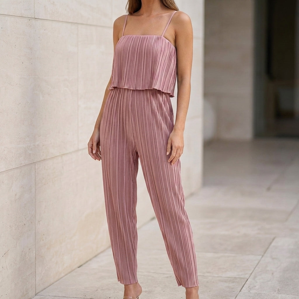 Pleated Layered Ruffle Jumpsuit with Wide-Leg Silhouette