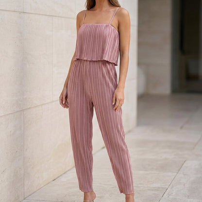 Pleated Layered Ruffle Jumpsuit with Wide-Leg Silhouette