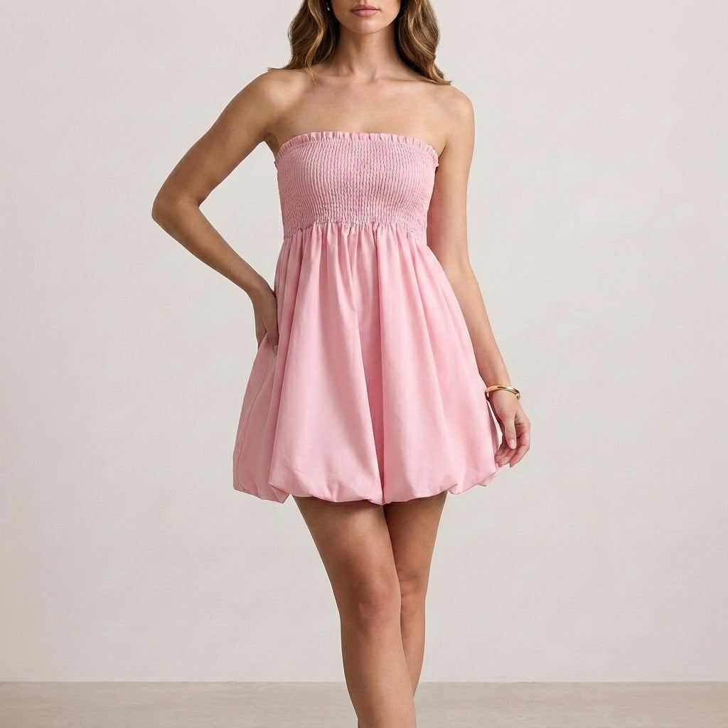Smocked Strapless Bubble Hem Mini Dress