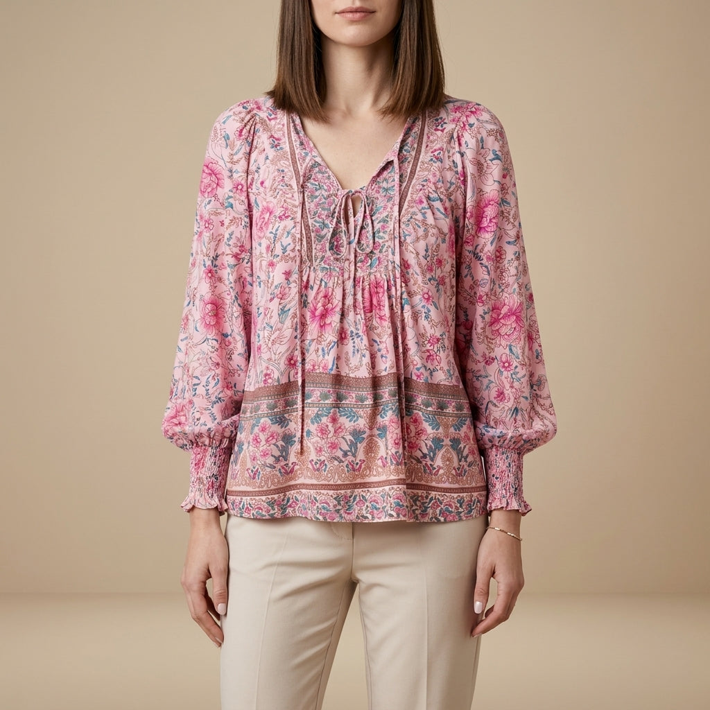 Bohemian Floral Patchwork Peasant Blouse with Tassel Tie Neck