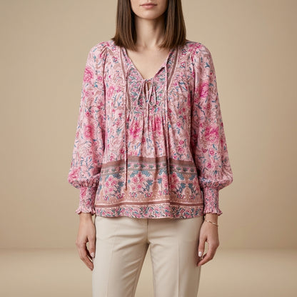 Bohemian Floral Patchwork Peasant Blouse with Tassel Tie Neck