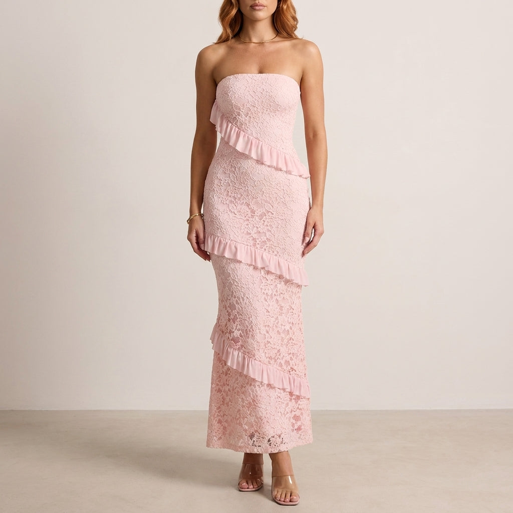 Romantic Lace Ruffle Strapless Maxi Dress
