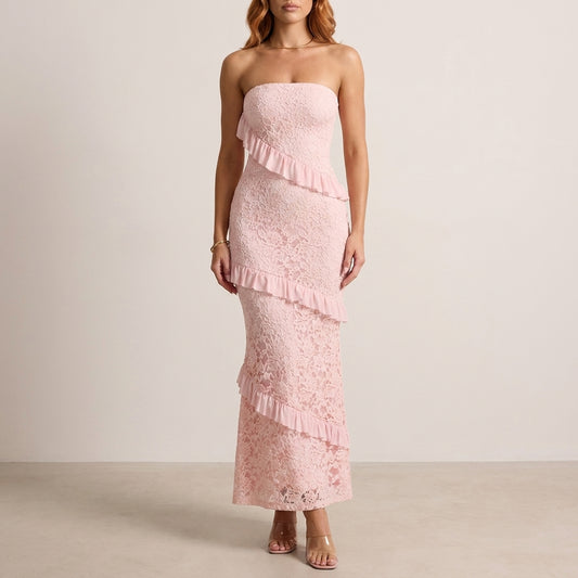 Romantic Lace Ruffle Strapless Maxi Dress