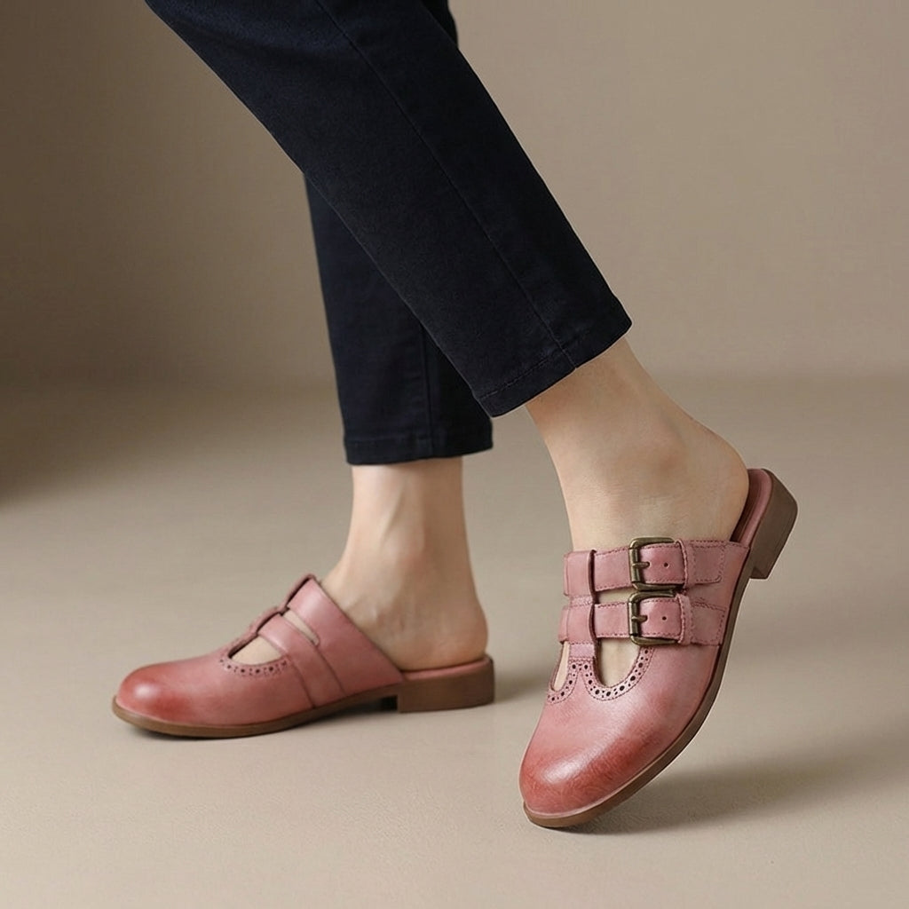 Slip-On Mule Heels with Brogue Detailing and Double Buckle Straps