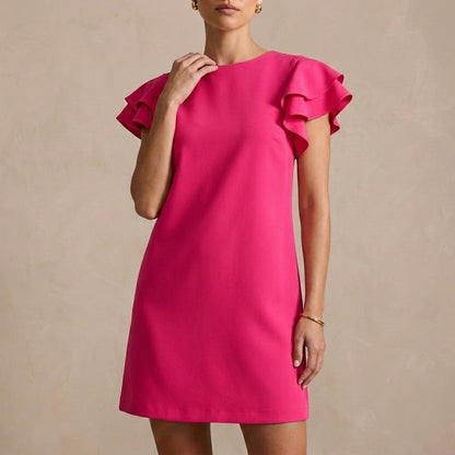 Elegant Backless Shift Dress with Layered Ruffle Sleeves and Boat Neckline