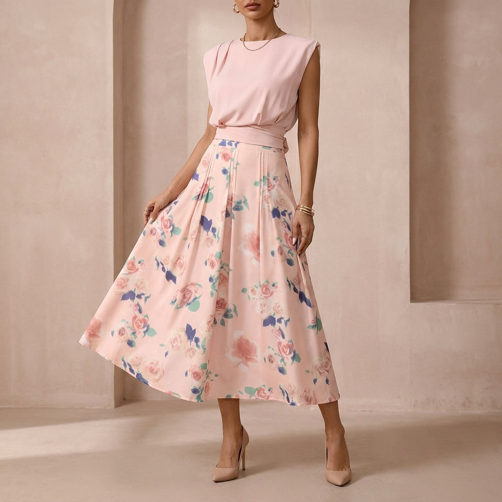 Graceful Two-Piece Set with Round Neck Top and Pleated Midi Skirt