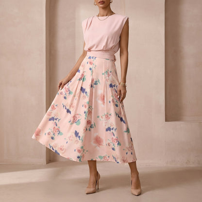 Graceful Two-Piece Set with Round Neck Top and Pleated Midi Skirt