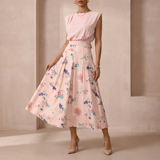 Graceful Two-Piece Set with Round Neck Top and Pleated Midi Skirt