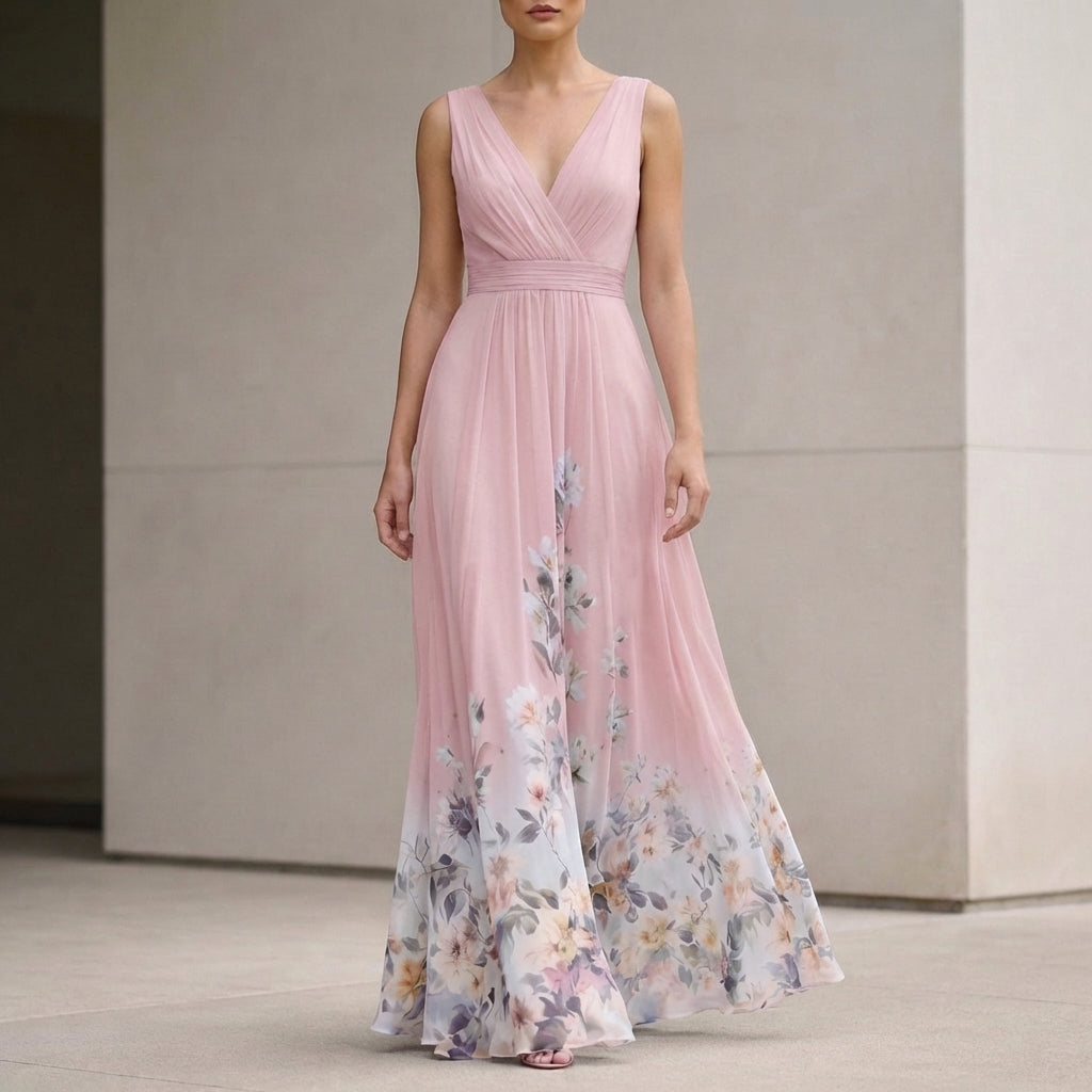 Elegant Flowing Chiffon Maxi Gown with Draped V-Neck and Floral Detail