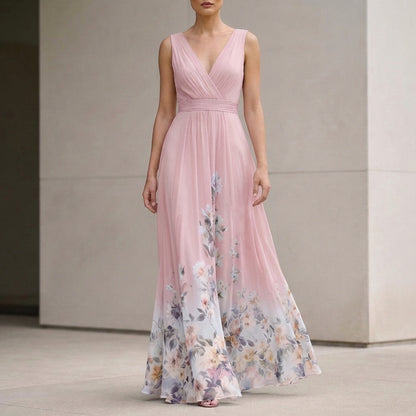 Elegant Flowing Chiffon Maxi Gown with Draped V-Neck and Floral Detail