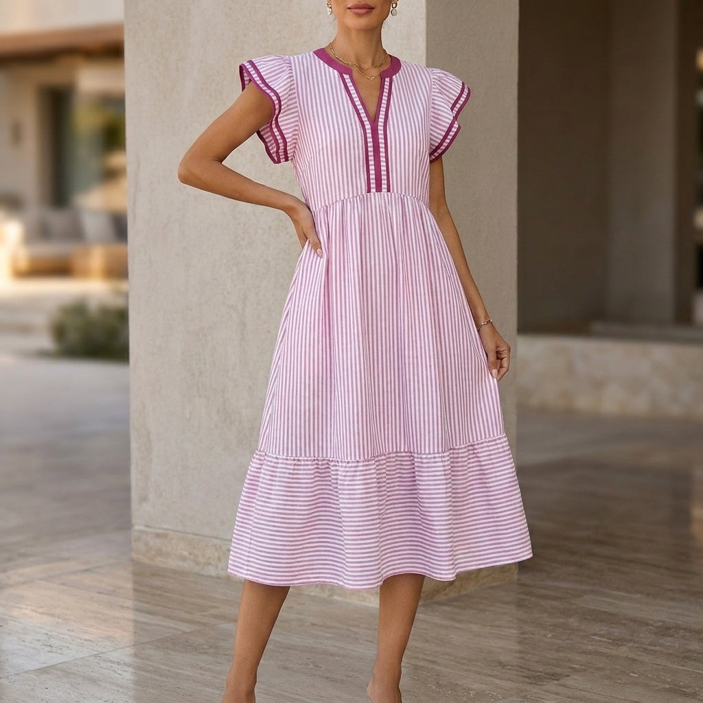 A-Line Midi Dress with Double Ruffle Sleeves and Contrasting Trim