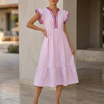 A-Line Midi Dress with Double Ruffle Sleeves and Contrasting Trim