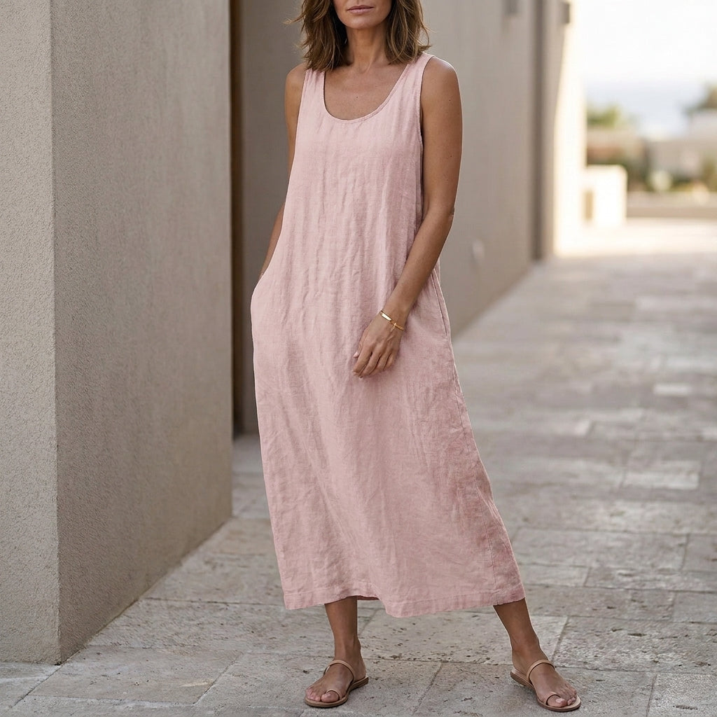 Loose Sleeveless Midi Dress with Round Neck and Side Pockets in Textured Woven Fabric