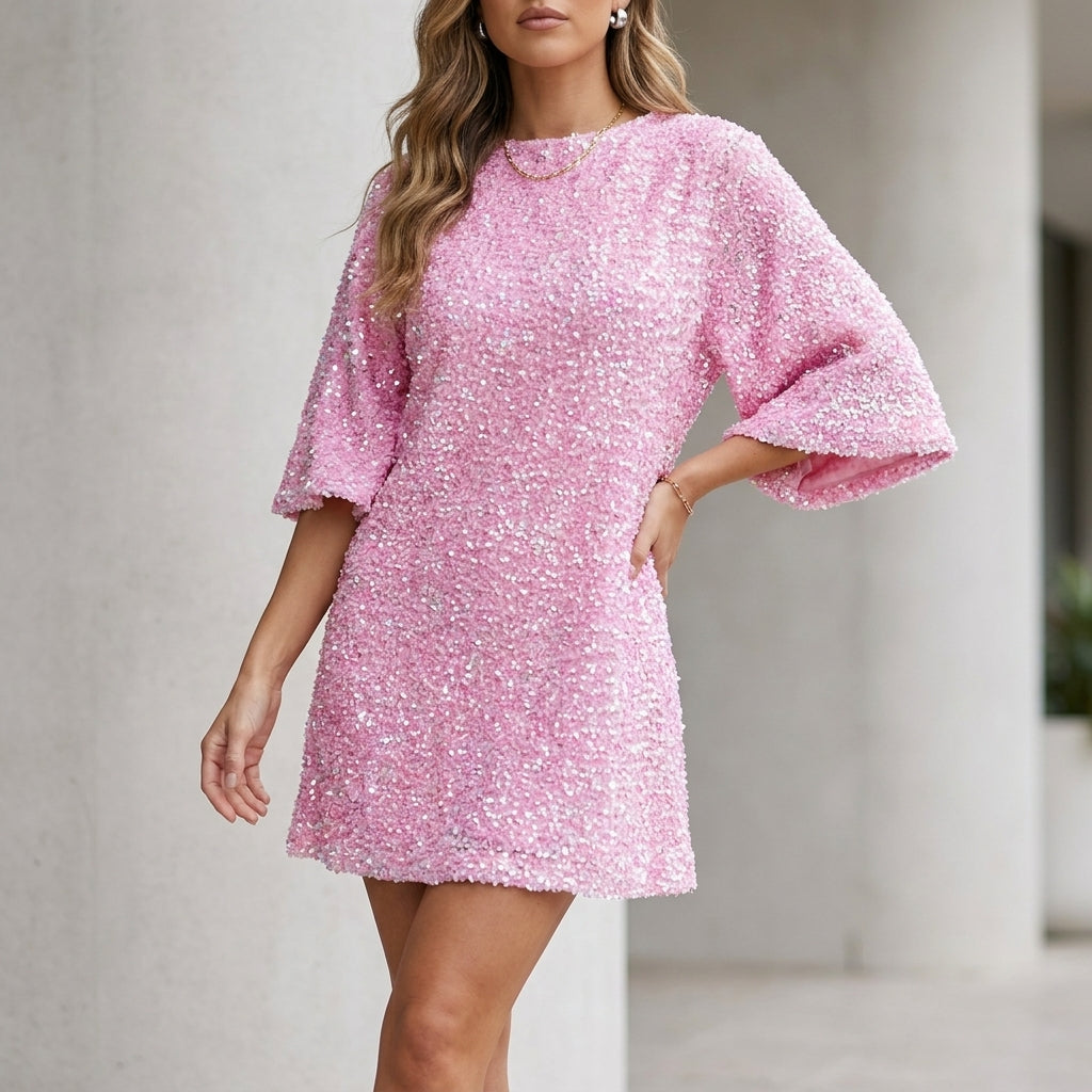 Relaxed Sequin Mini Dress with Dramatic Bell Sleeves for Evening