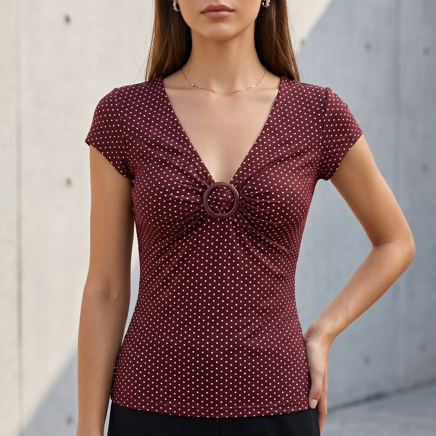 Fitted Polka-Dot Surplice Top with Ruched Bust and Ring Detail