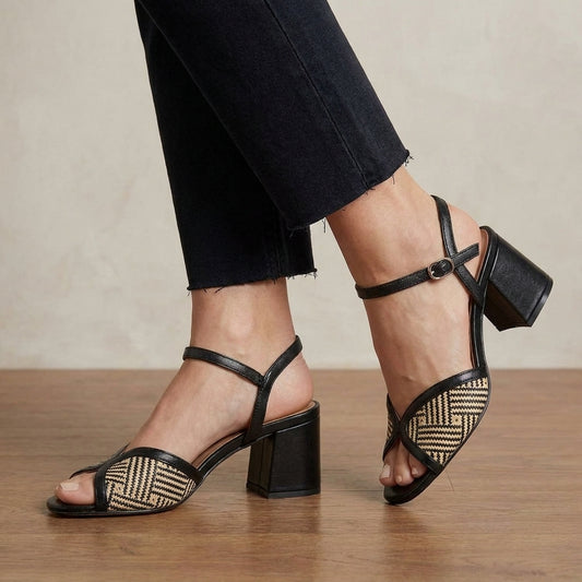 Woven Geometric Strap Block Heel Sandals with Buckled Ankle