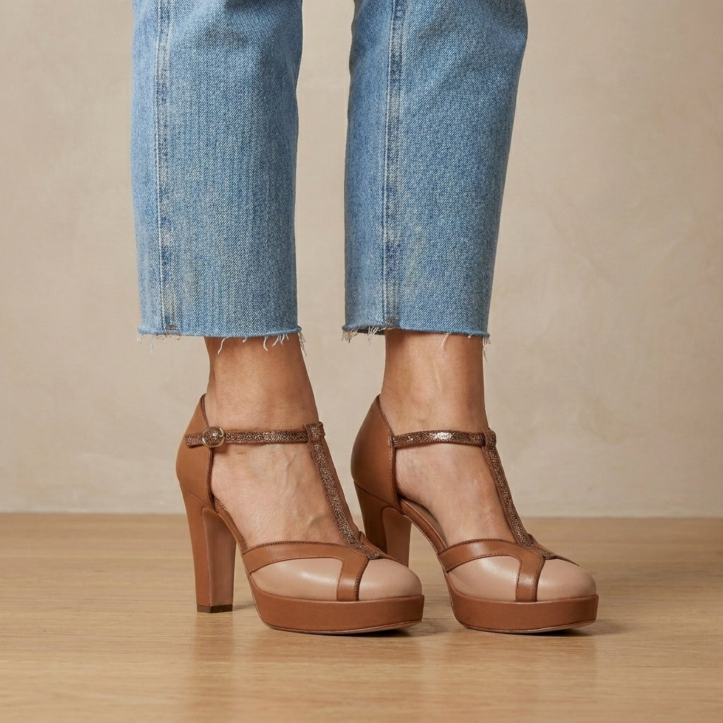 T-Strap Platform Heels with Glitter Embellished Accents