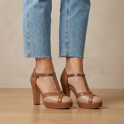T-Strap Platform Heels with Glitter Embellished Accents