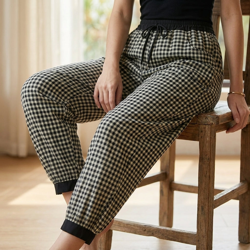 Relaxed Plaid Drawstring Harem Pants with Tapered Ankle Cuff Design