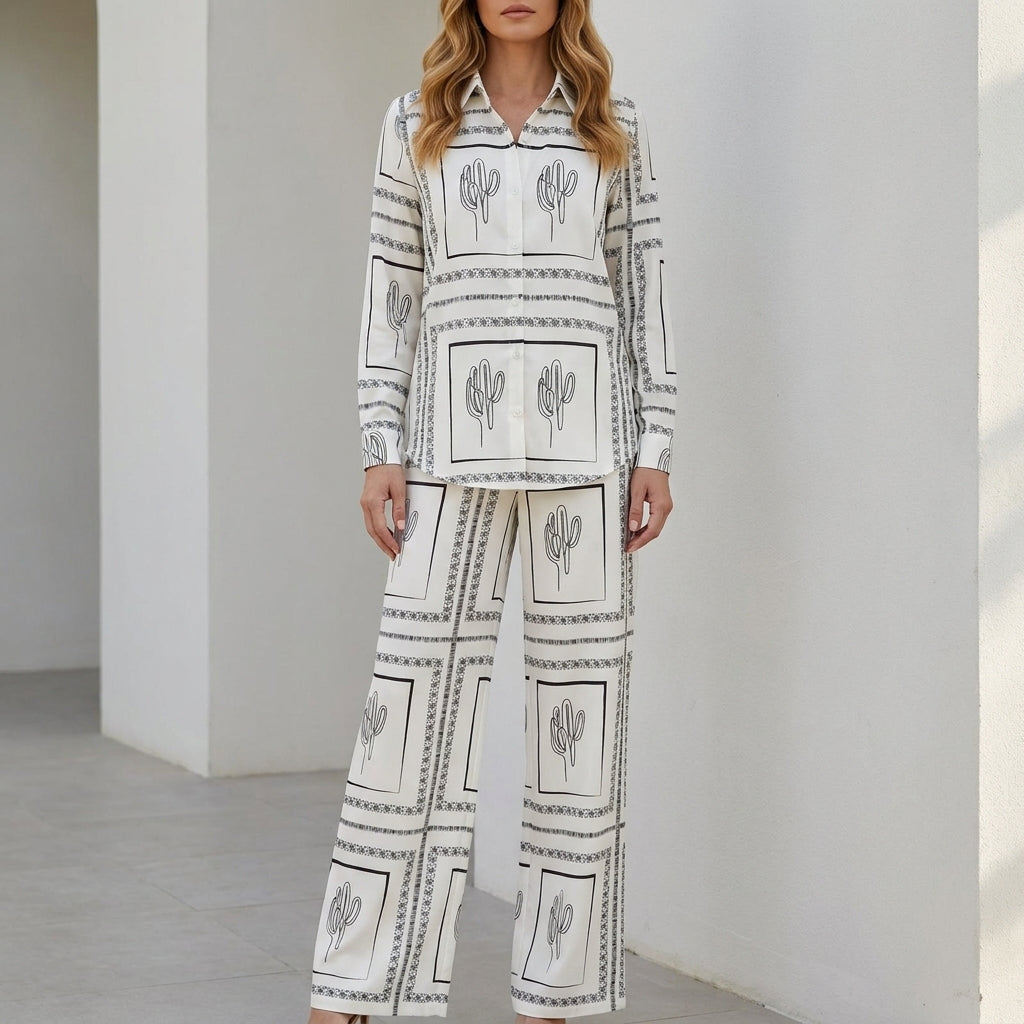 Desert Sketch Print Relaxed Shirt and Wide-Leg Pants Set