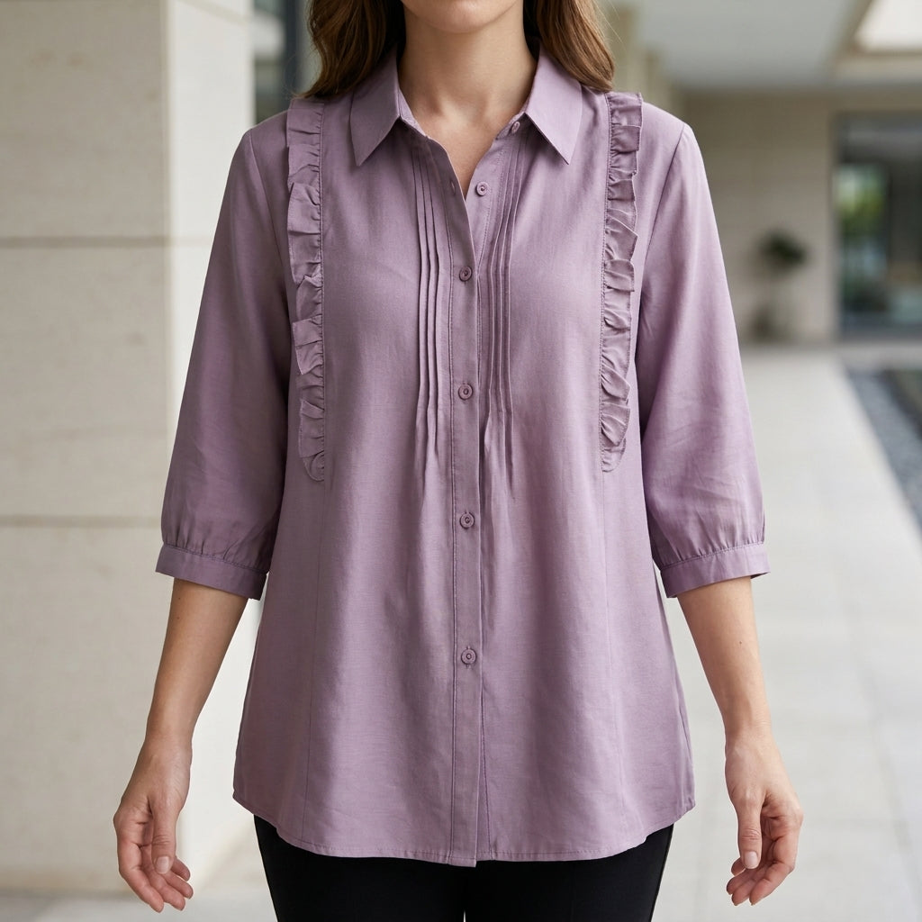 Ruffle Detail Button-Up Blouse with Relaxed Elegant Fit
