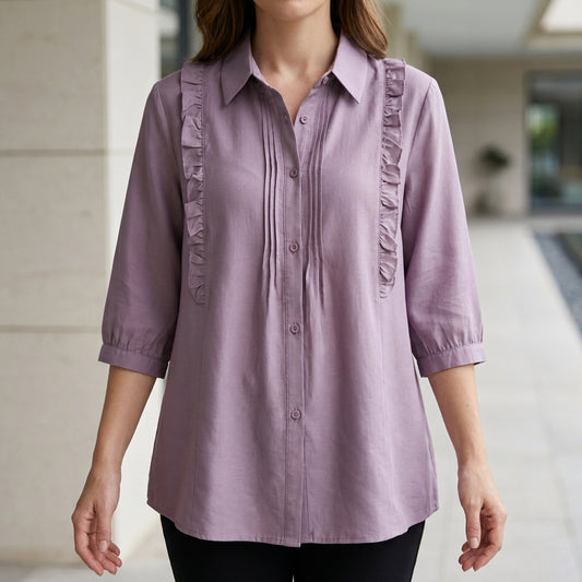 Ruffle Detail Button-Up Blouse with Relaxed Elegant Fit