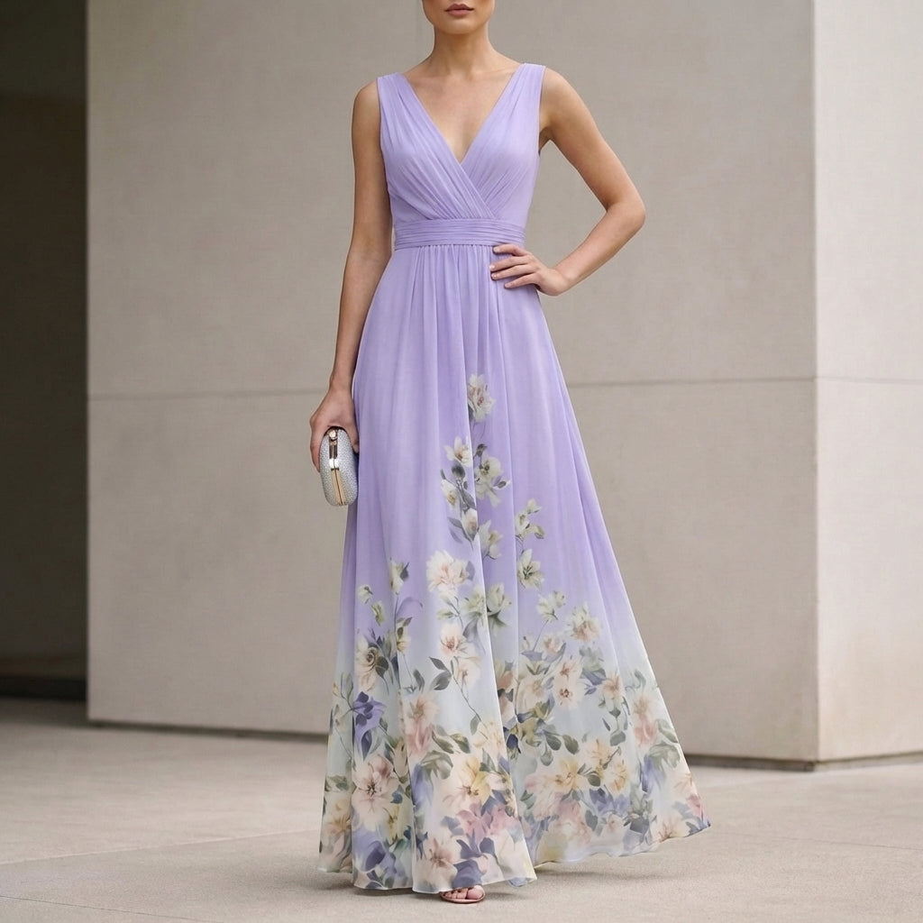 Elegant Flowing Chiffon Maxi Gown with Draped V-Neck and Floral Detail