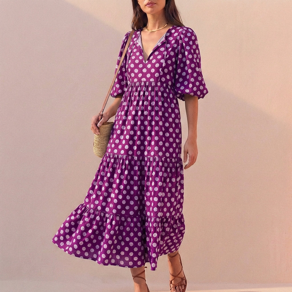 Elegant Flowing V-Neck Midi Dress with Puff Sleeves and Tiered Skirt