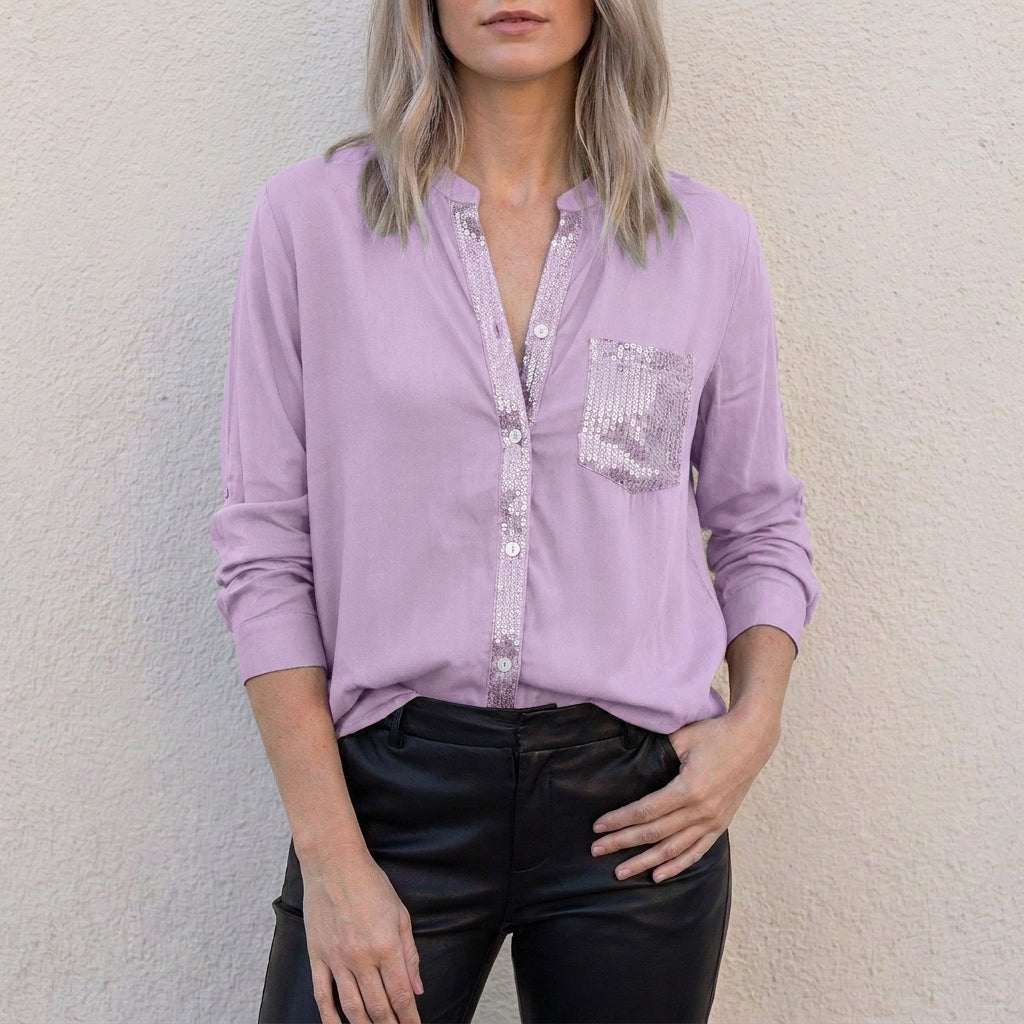 Relaxed Button-Front Statement Pocket Blouse