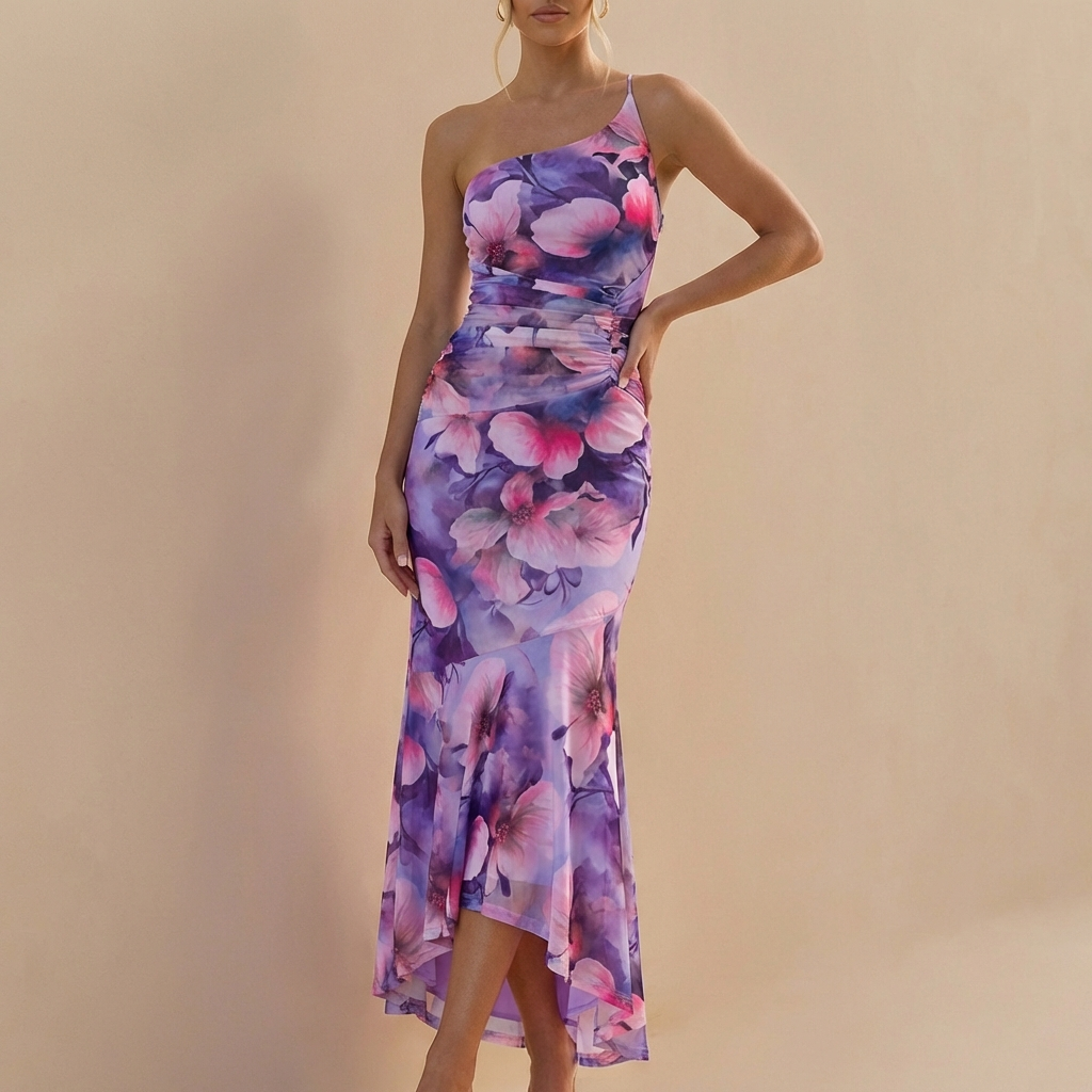 Fitted One-Shoulder Mesh Overlay Maxi Dress with Ruched Detail